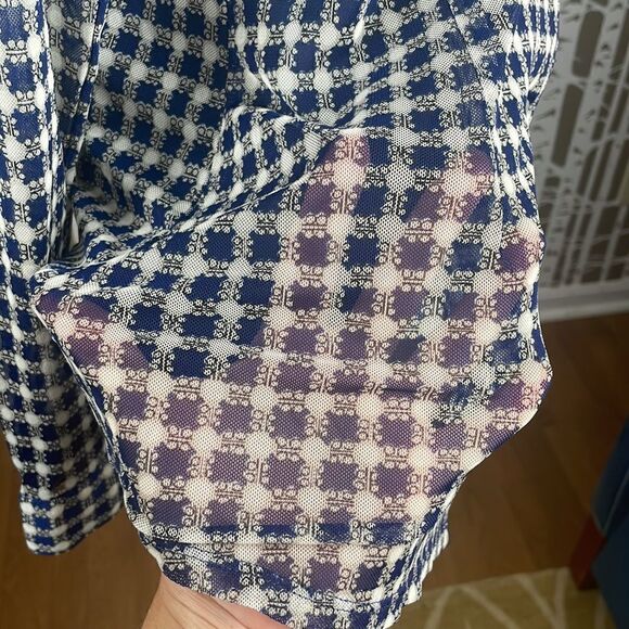 CAbi Mesh Second Skin Button Down Long Sleeve Shirt Blue Black White sz XS - Picture 8 of 13